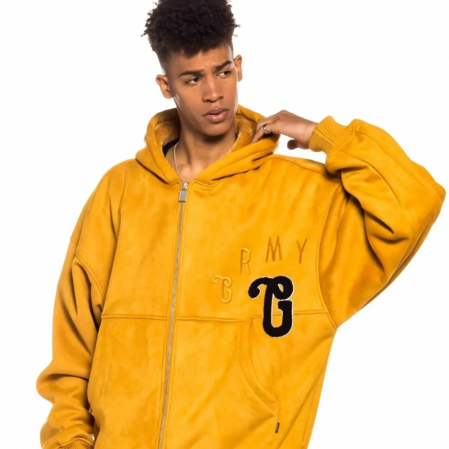 Grimey Brown Suede Hooded Bomber Jacket - Jungle Punch Style - Spring 2022 Collection