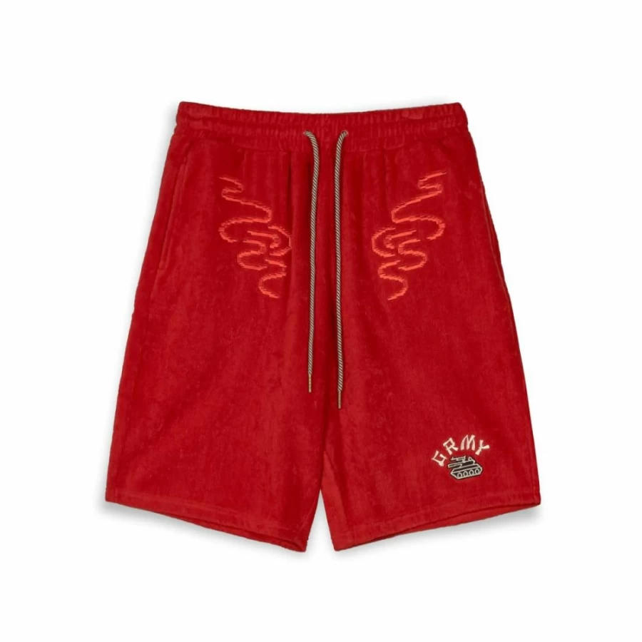 Grimey Lucky Dragon Terry Towelling Shorts - Red Cotton Casual Pantalon Corto for Men SS24