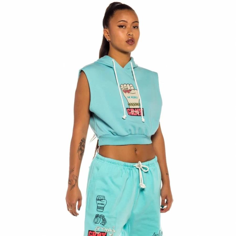 Grimey Blue Sleeveless Hoodie for Girls - Spring 2022 Casual Wear
