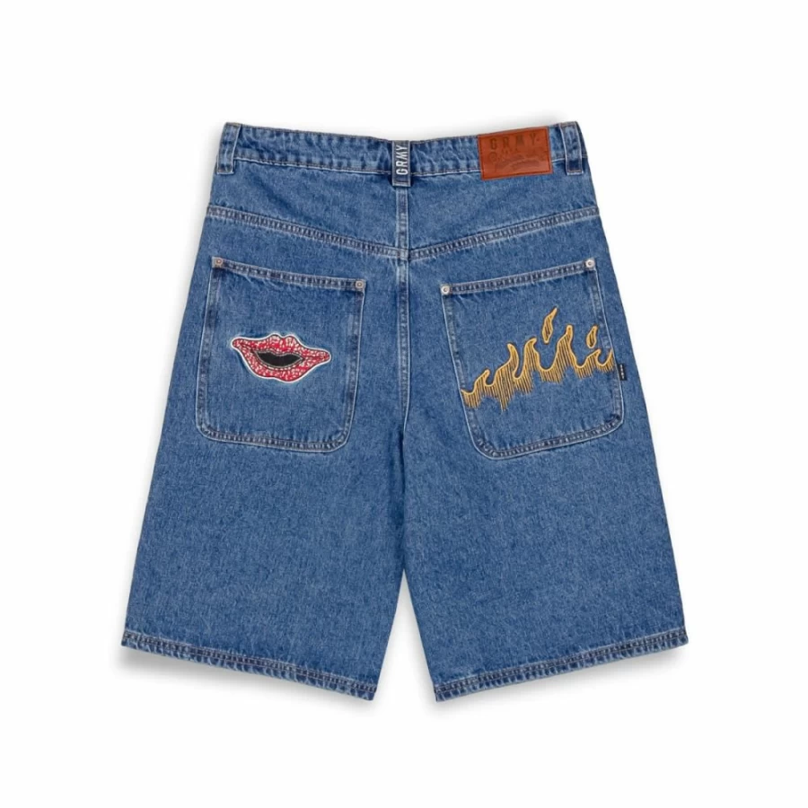 Grimey Burn In Flames Washed Blue Denim Shorts - Distressed Casual Streetwear Pantalon Corto for Men SS24