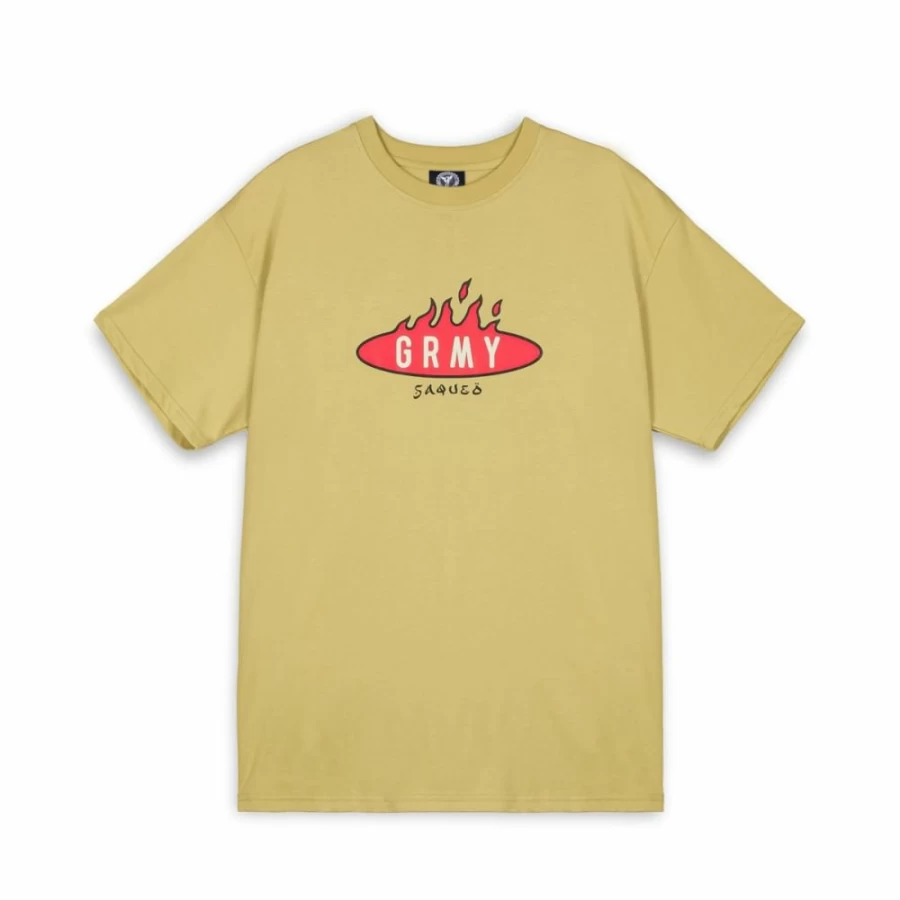 Grimey Burn In Flames Tshirt - Khaki Cotton Tee - SS24 Streetwear Collection