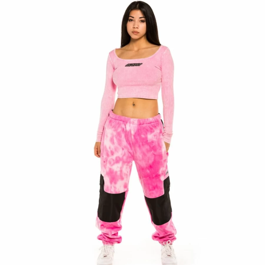 Grimey Space Lady Bleached Pink Long Sleeve Crop Top - Winter 2021 Fashion Trendy Women's T-Shirt