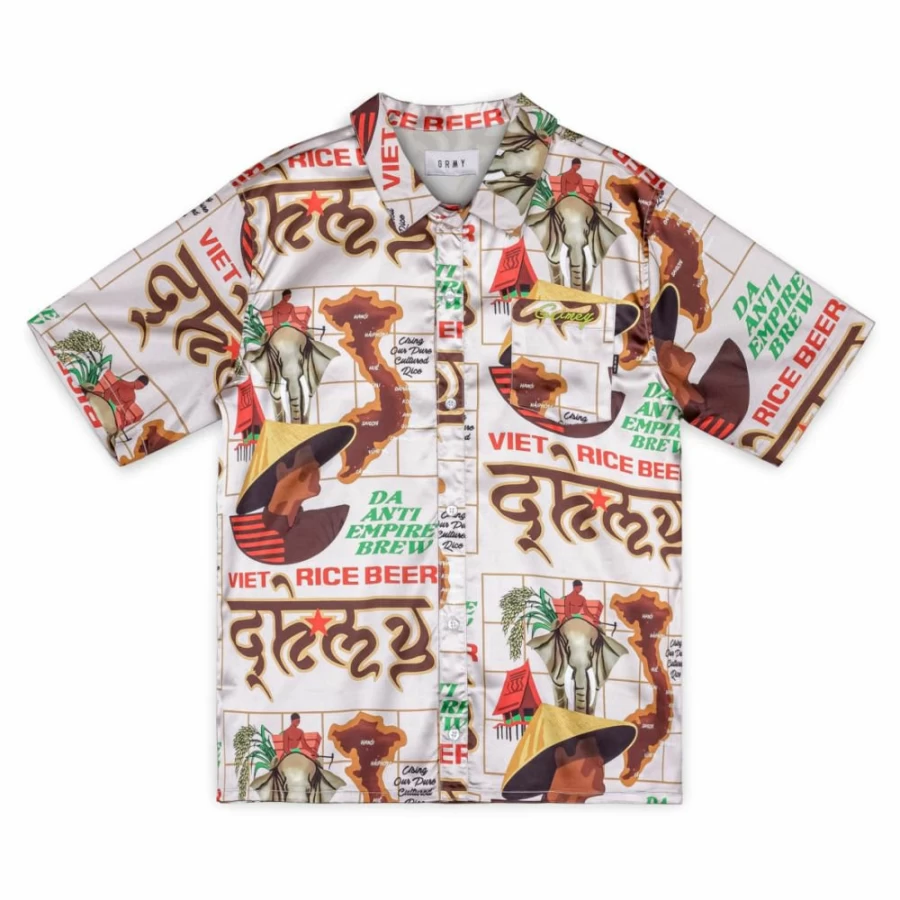 Grimey White Satin Button Up Shirt - Vietnamese-Inspired Design - Summer 2023 Collection