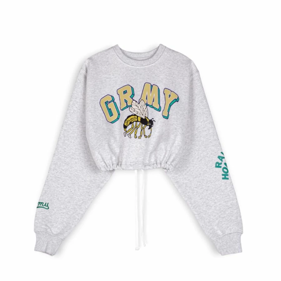 Grimey Hive Crop Crewneck Sweatshirt - Heavyweight Sport Grey Pullover for Women - Fall 2022 Fashion
