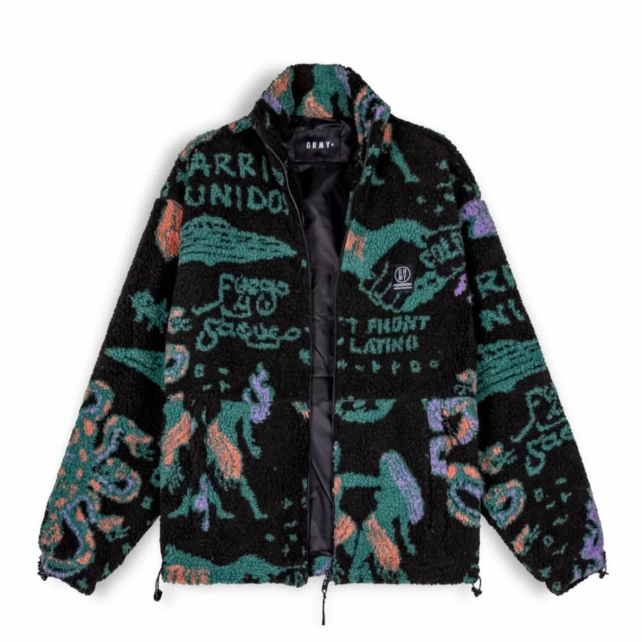 Grimey Lost Boys Sherpa Jacket for Men - Black Winter Coat 2022 - Warm Fleece Lined Outerwear